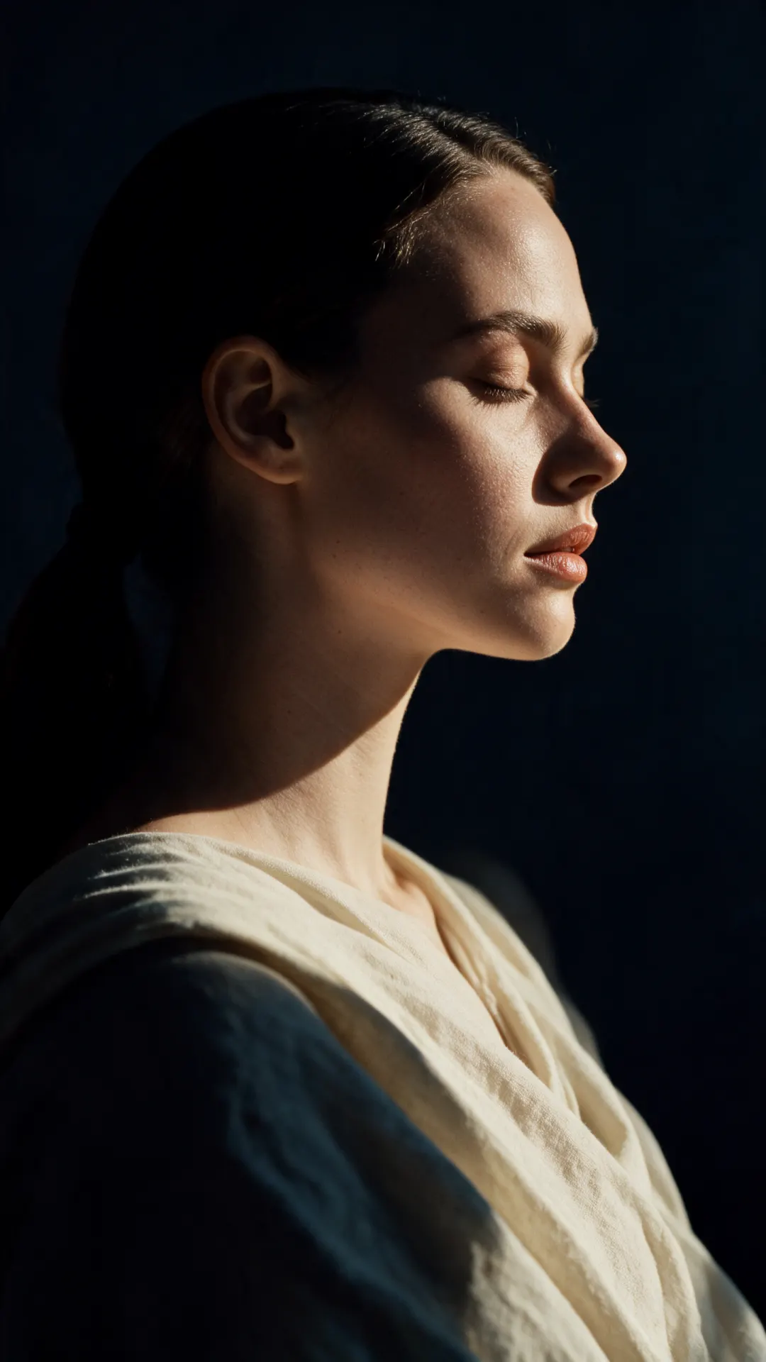 Perfil femenino iluminado con luz lateral que resalta pómulo y mandíbula