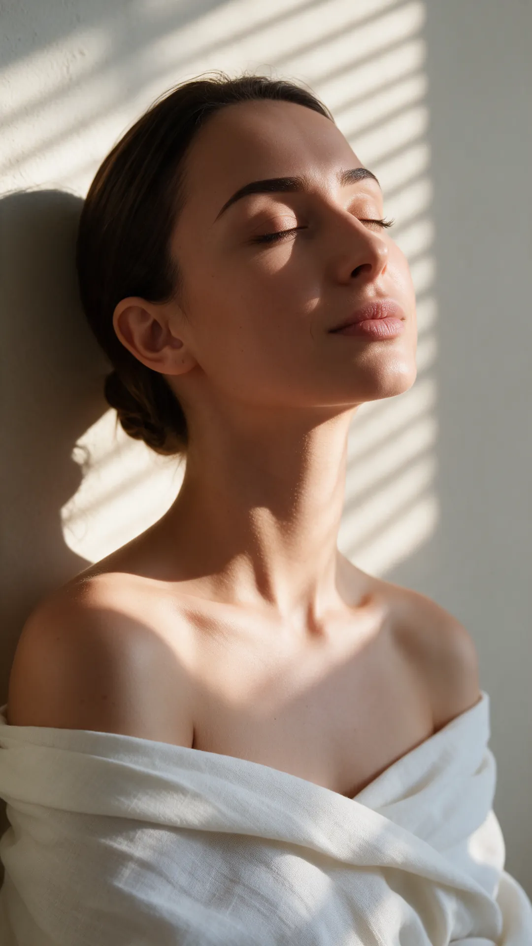 Mujer de perfil con los ojos cerrados y luz lateral sobre la mandíbula, el cuello y el escote