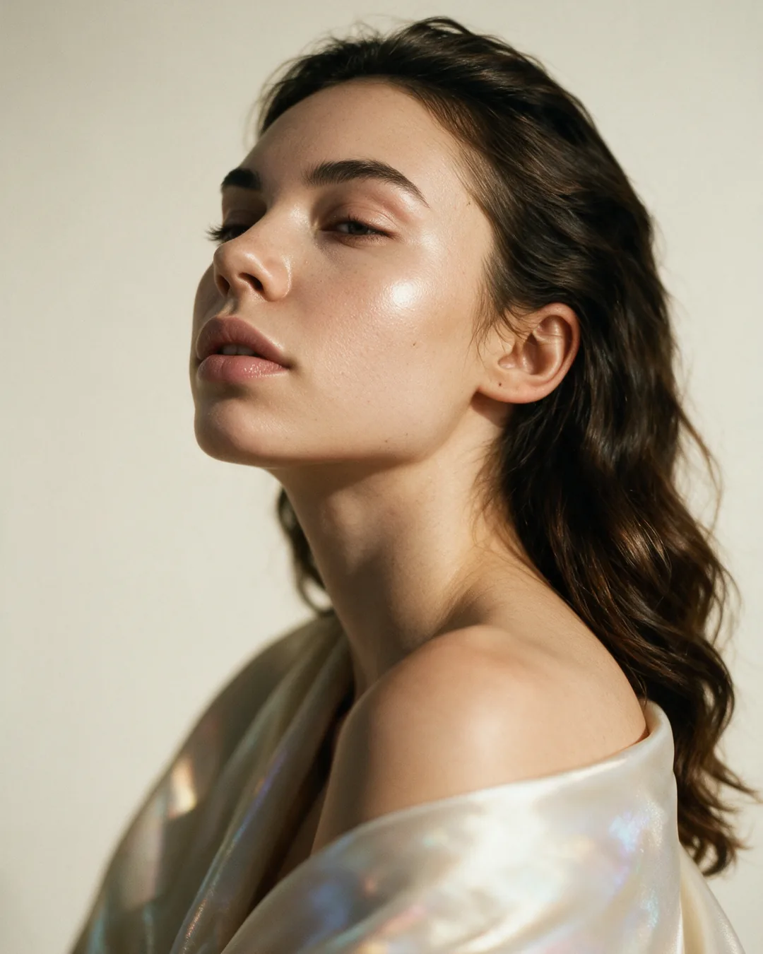 Mujer con los ojos entrecerrados y seda marfil sobre los hombros, pómulos luminosos y tercio medio armónico