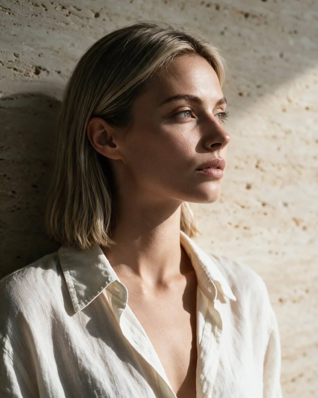 Mujer rubia con camisa de lino frente a un muro de travertino, pómulos marcados bajo luz lateral