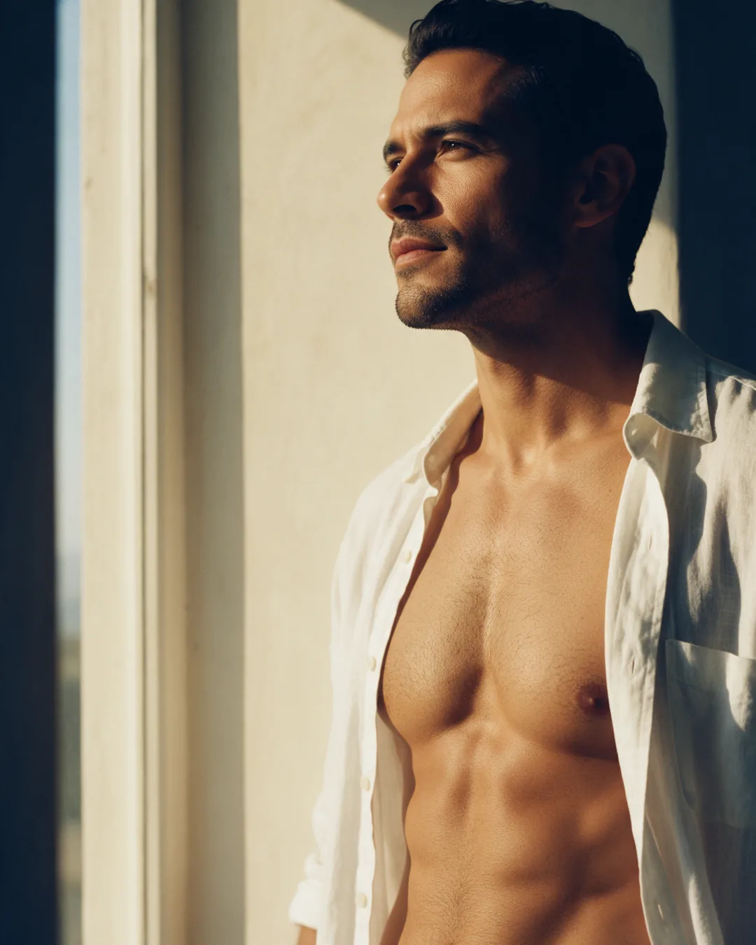 Hombre con camisa de lino abierta junto a una ventana, pecho plano y definido