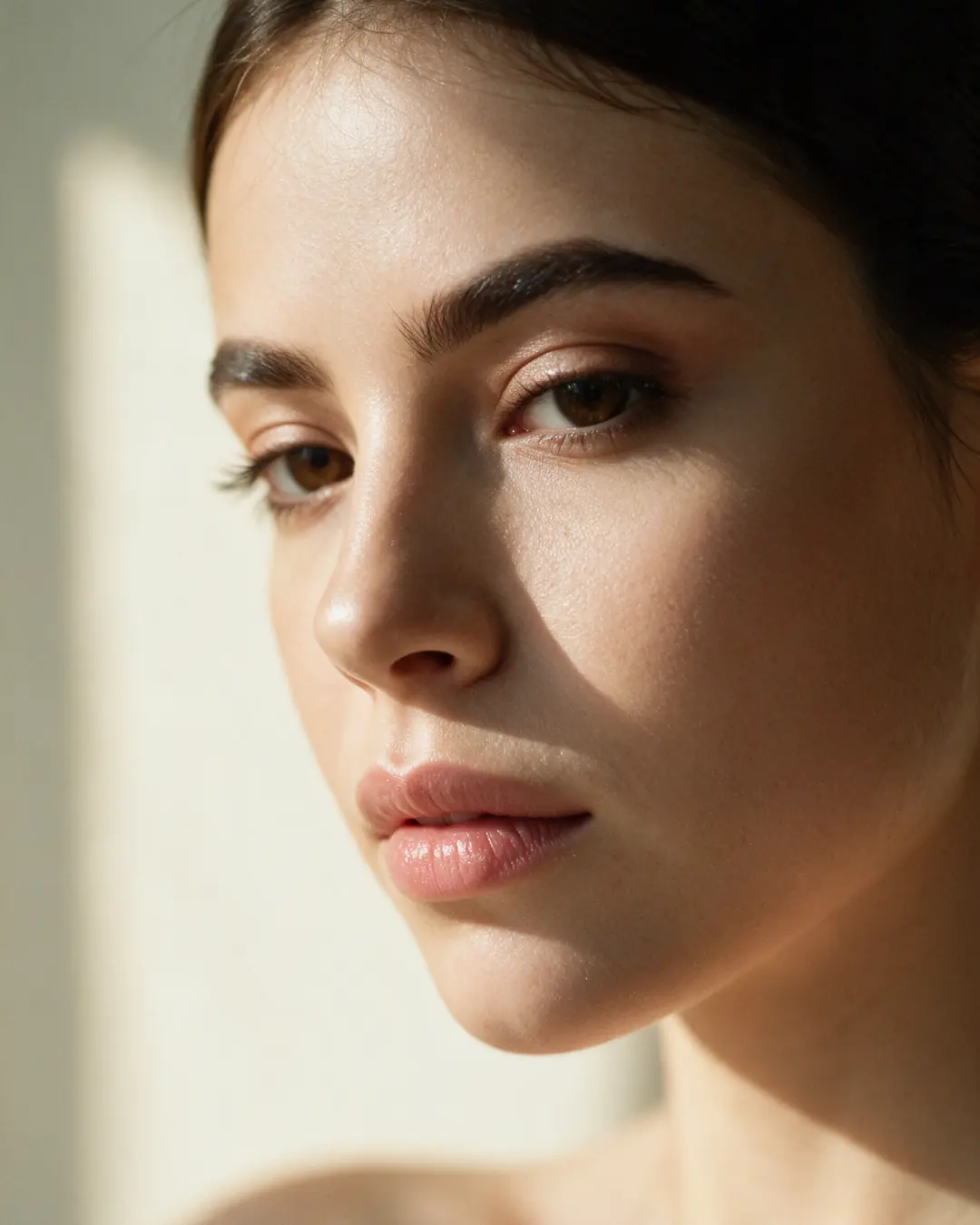 Primer plano de perfil tres cuartos de una mujer de cabello oscuro recogido, arco de Cupido definido y labio superior corto bajo luz lateral