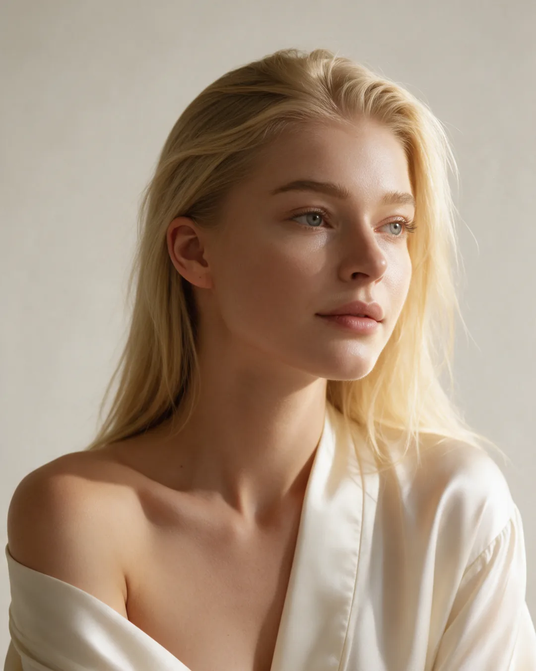 Retrato de una mujer rubia con bata de seda marfil, piel fresca y uniforme bajo luz de ventana