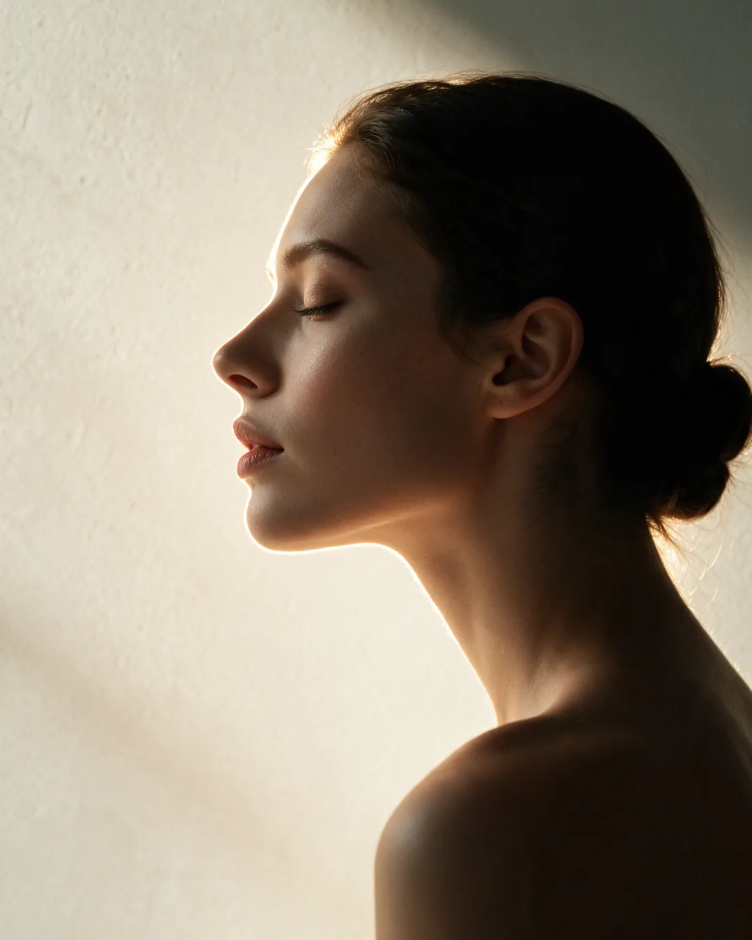 Perfil de una mujer con los ojos cerrados y luz de contraluz que dibuja la línea de la nariz
