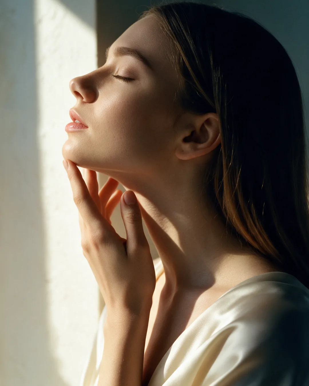 Mujer de perfil con los dedos sobre la mandíbula, cuello largo y óvalo facial definido