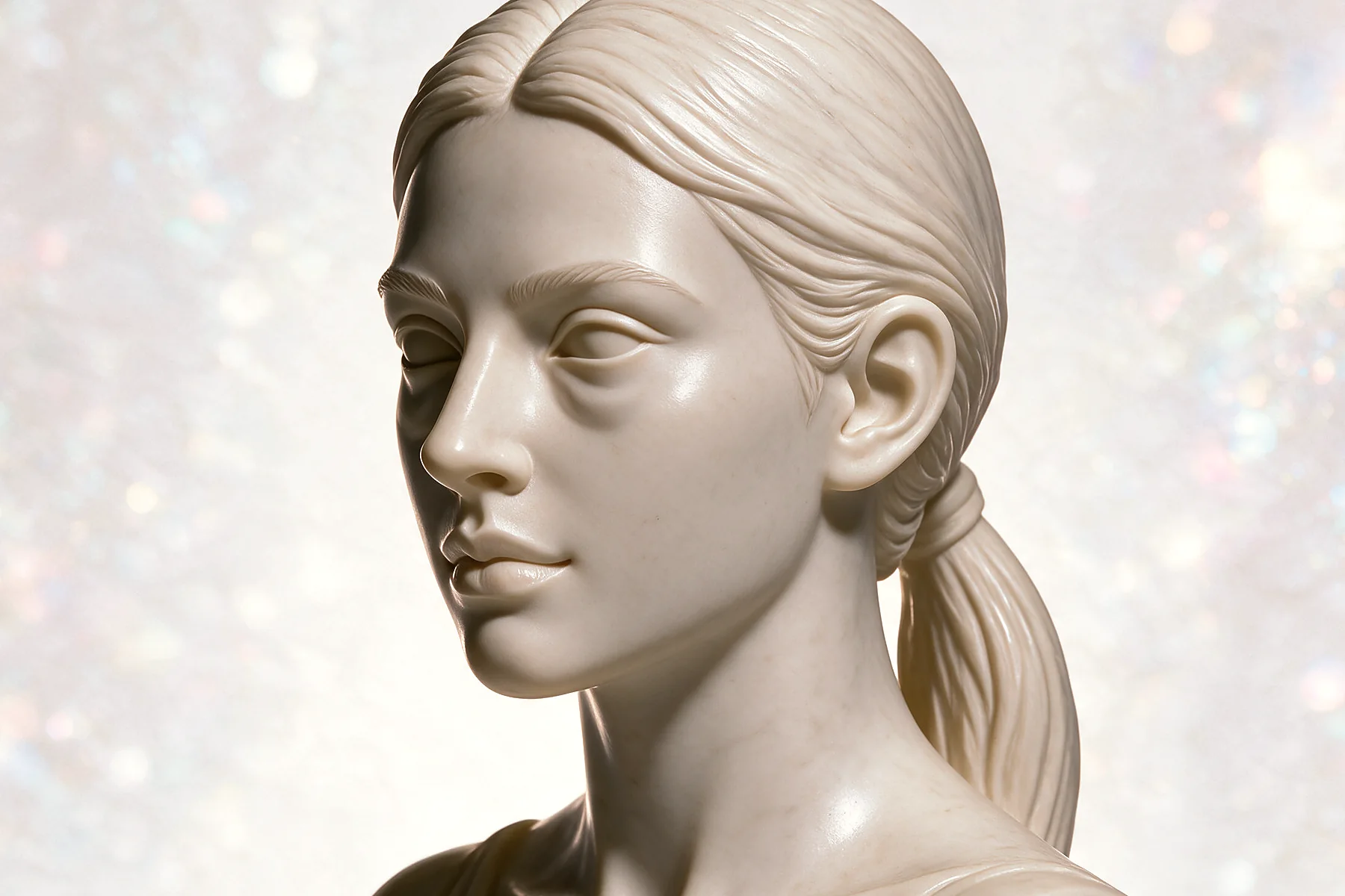 Ilustración en escultura de mármol, vista oblicua 45°, para blefaroplastia