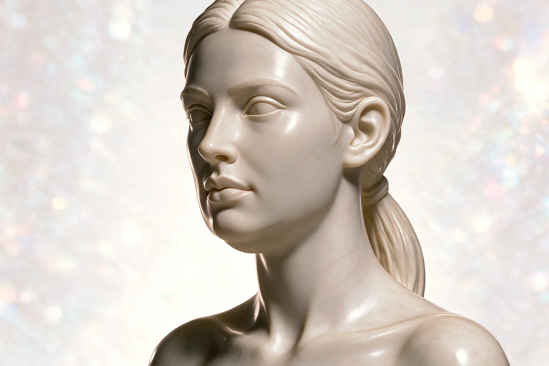 Ilustración en escultura de mármol, vista oblicua 45°, para ritidectomía y lifting cervical