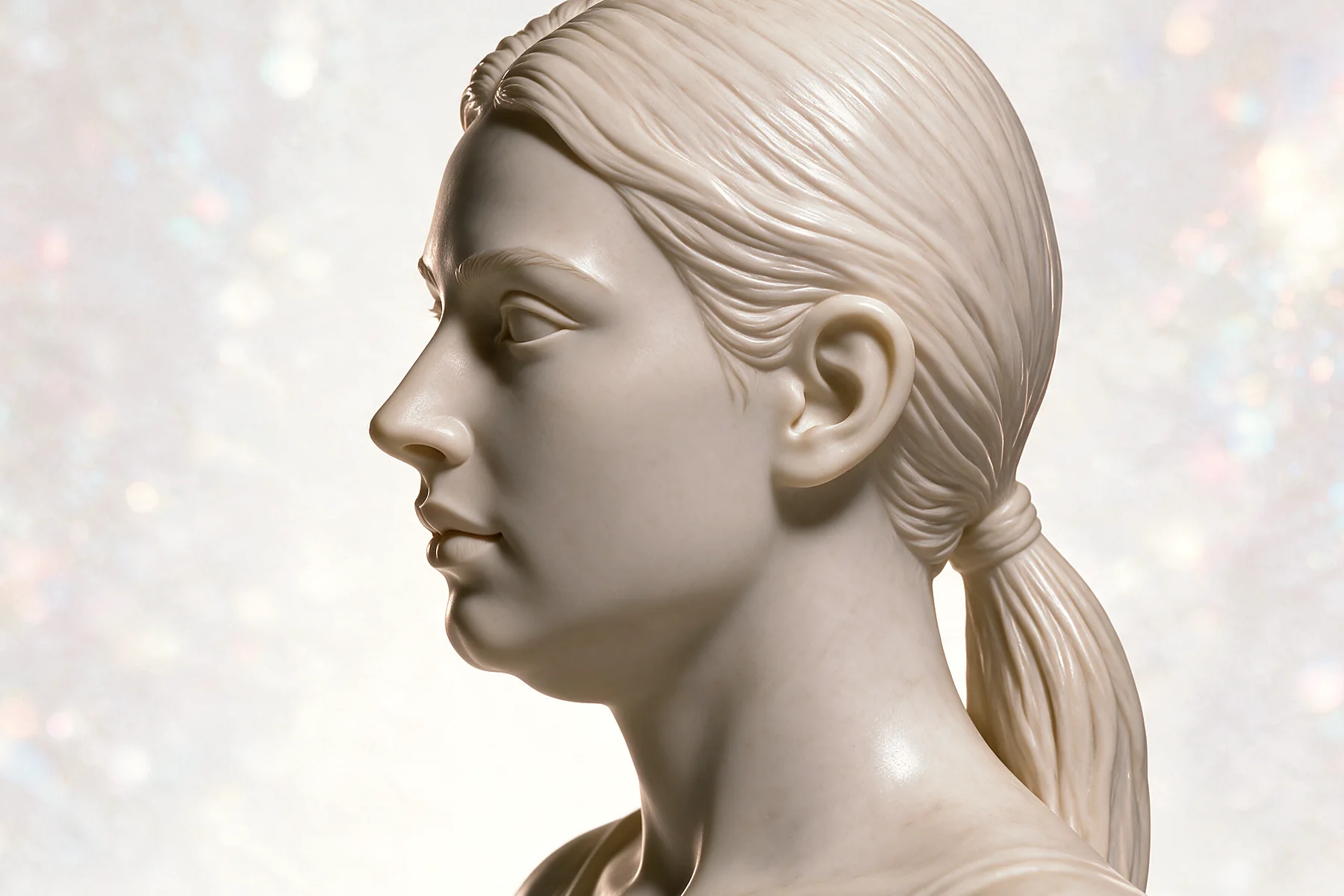 Ilustración en escultura de mármol, vista perfil, para ritidectomía y lifting cervical