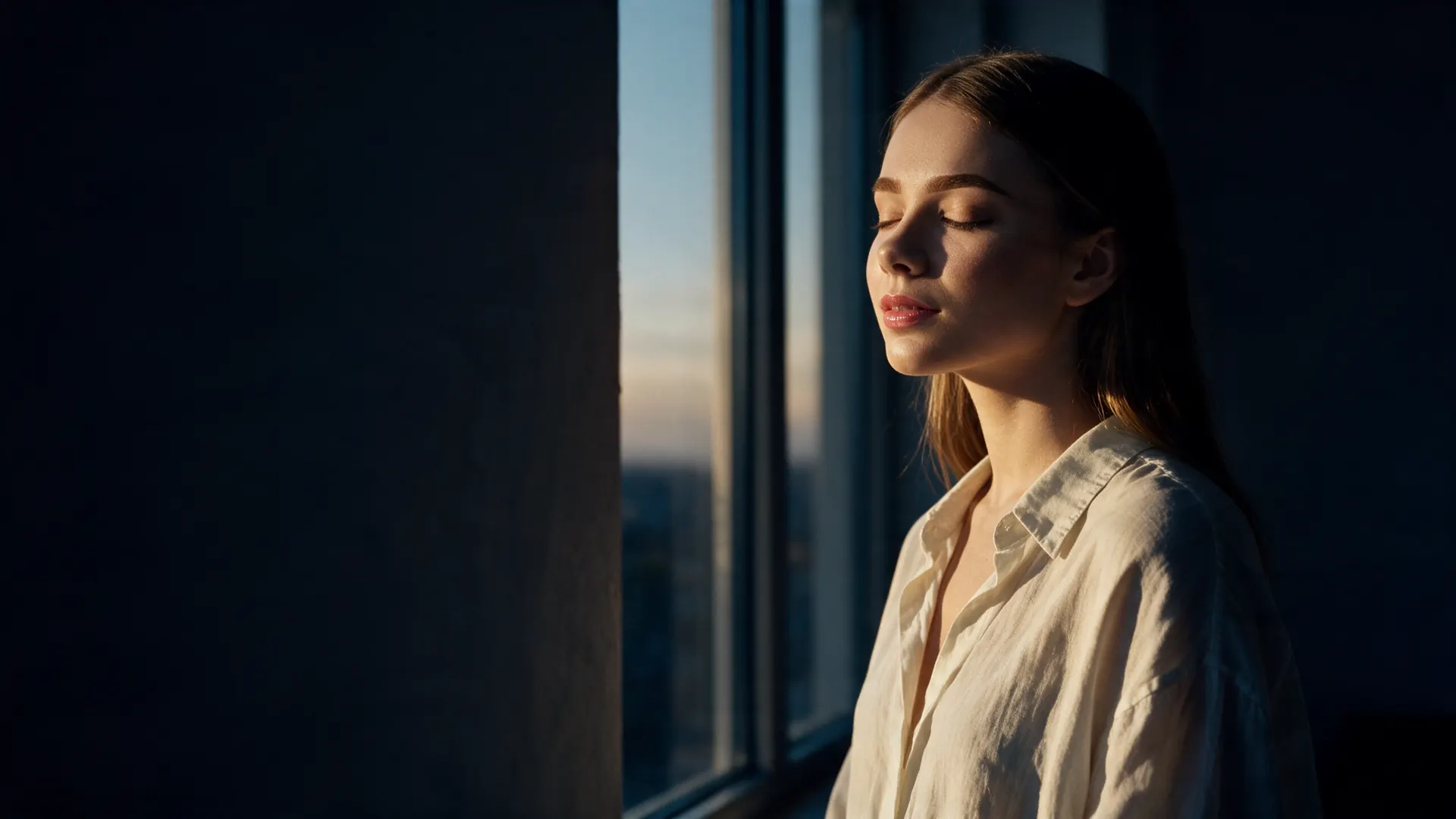 Mujer junto a un ventanal al atardecer, con los ojos cerrados y el rostro en luz lateral