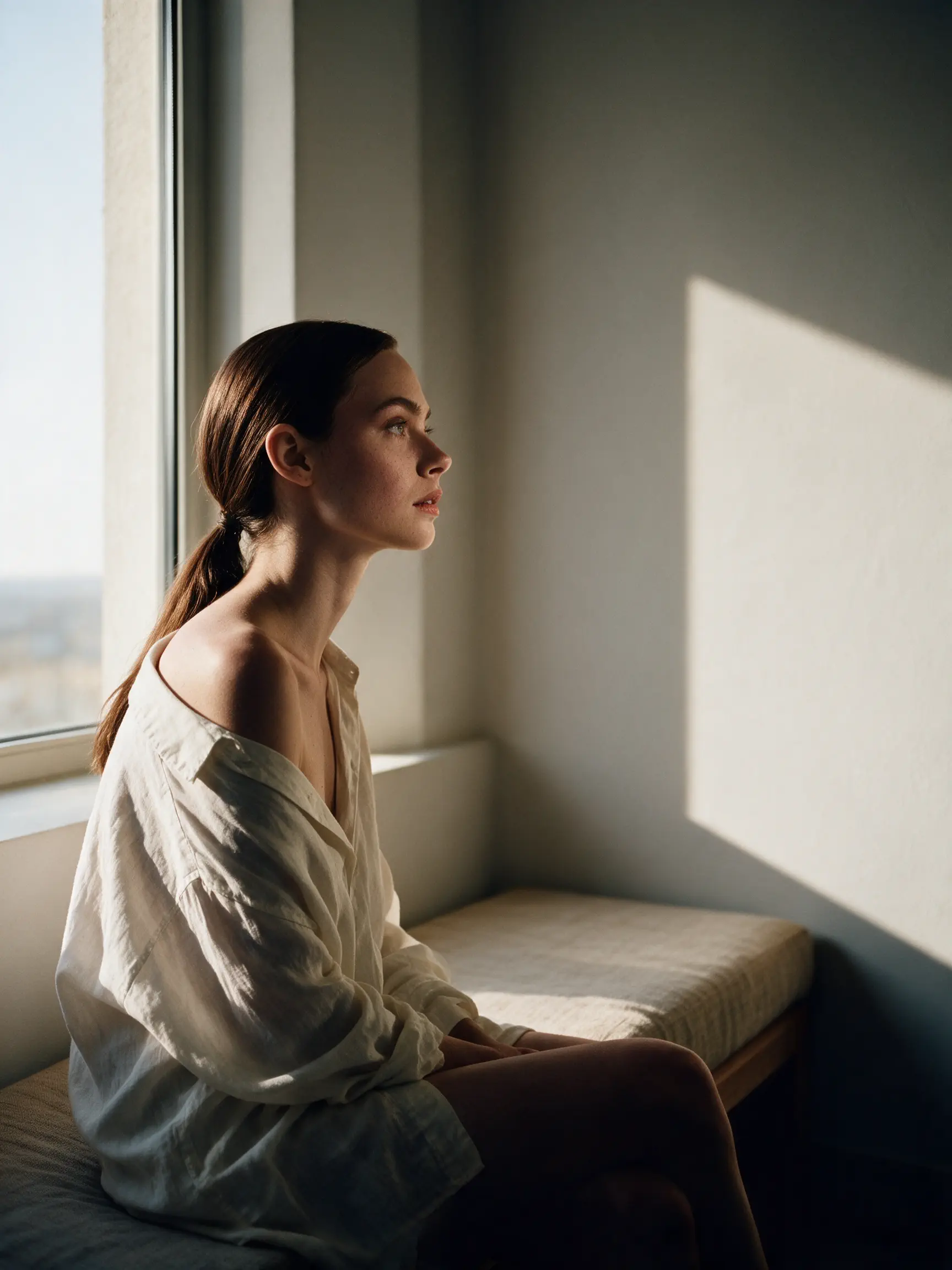 Mujer sentada en un ventanal al atardecer, mirando el horizonte
